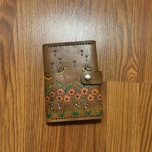 Floral Embossed Brown Leather Trifold Travel Wallet